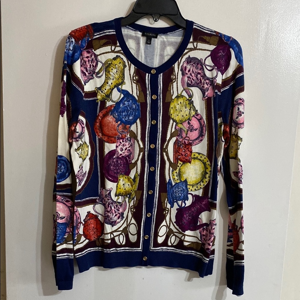 Talbots Blue and Red Cardigan Sweater with Intricate Design